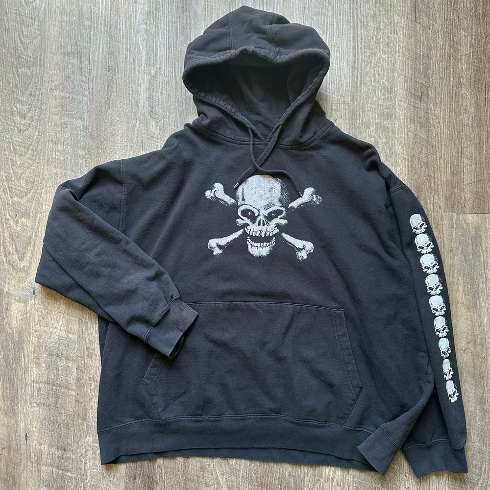 Vintage Y2k ODM Skull Hoodie‎ Navy Blue Sz 2XL Distressed Baggy Grundge Punk